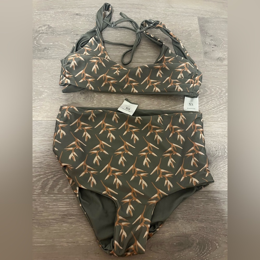 Of One Sea Green tiki Torch reversible  Print Bikini Set